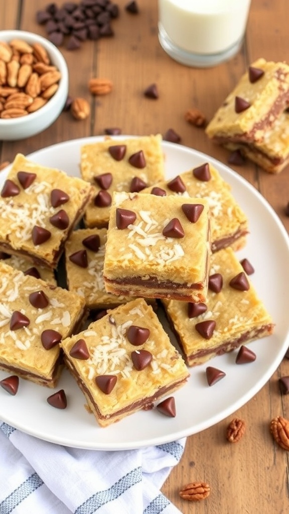 A plate of almond flour seven layer bars with chocolate chips, coconut, and nuts, served on a rustic wooden table.